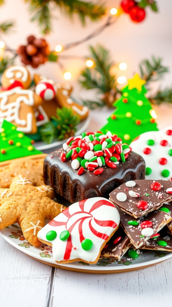 An assortment of Christmas baked treats including gingerbread cookies, chocolate cake, and peppermint bark on a festive table.
